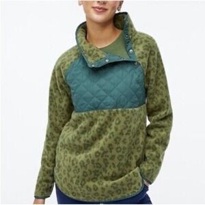 J.Crew Green Leopard Quilted Button-Neck Sherpa‎ Tunic Sweater Womens Small